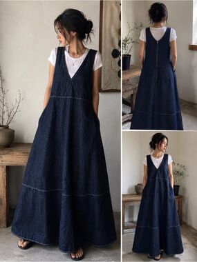 Japanese Minimalist Denim Maxi Pinafore Dress A Line
